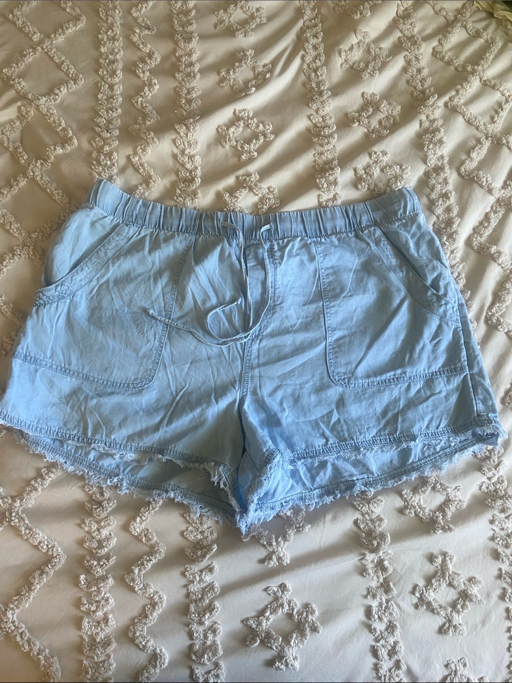 High-Rise denim Light Blue Casual Drawstring Shorts